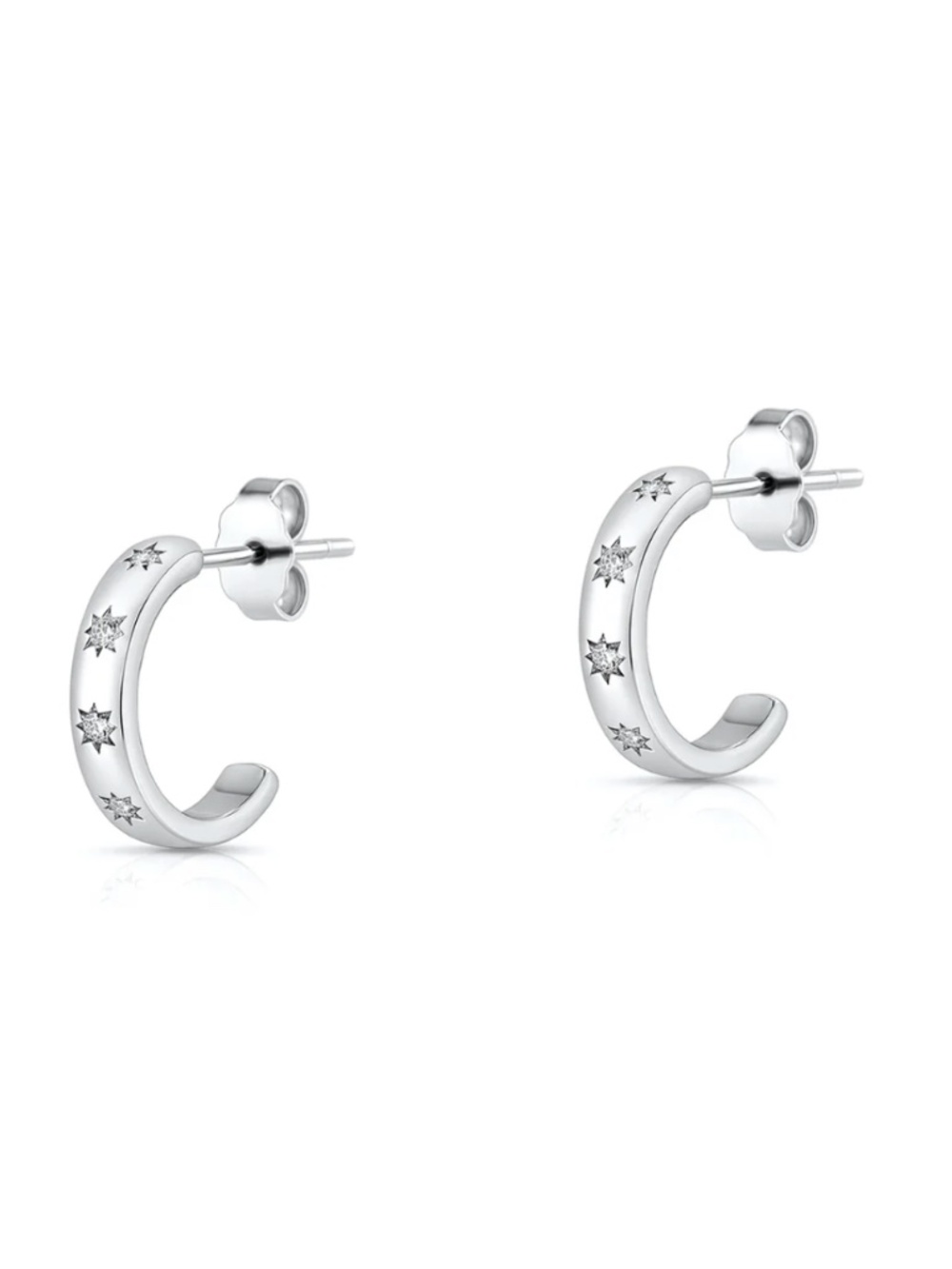 Sterling Silver CZ Starburst Half Hoop Earrings 9.5mm